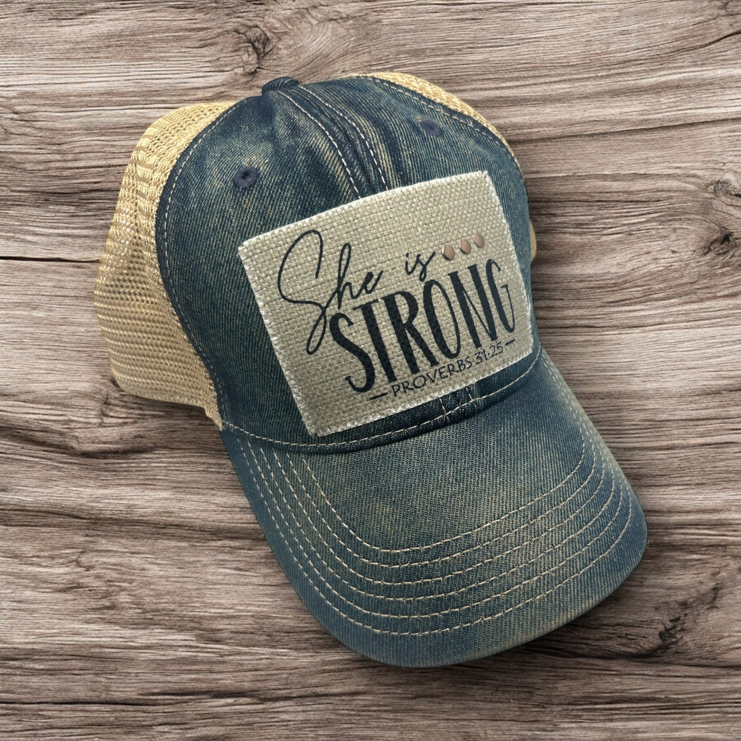 She is Strong Faith-Based Denim Cap-symbol of Faith and Strength