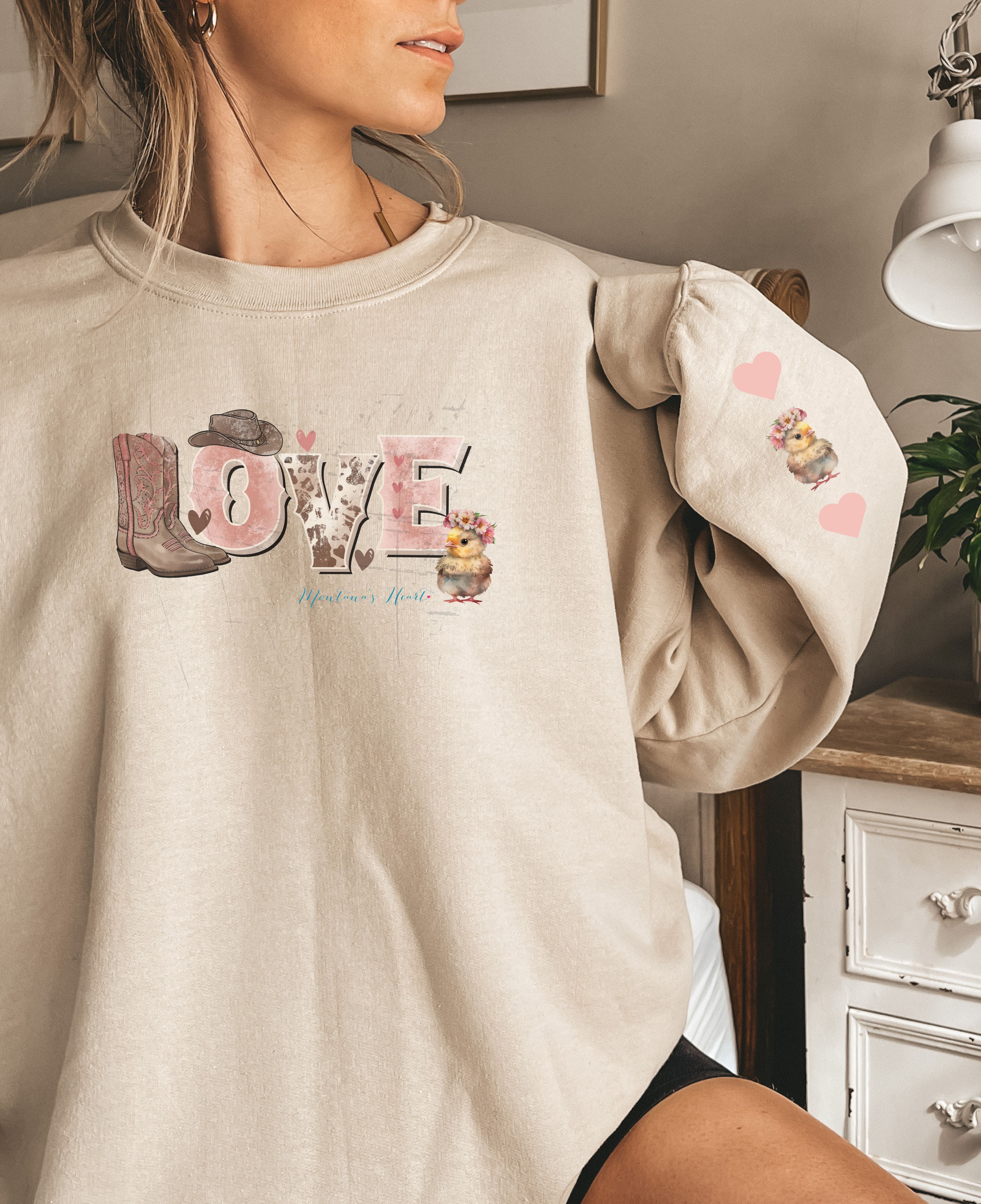 Ladies Western Love with baby chick, Ladies sweatshirt