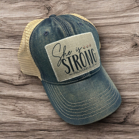 She is Strong Faith-Based Denim Cap-symbol of Faith and Strength