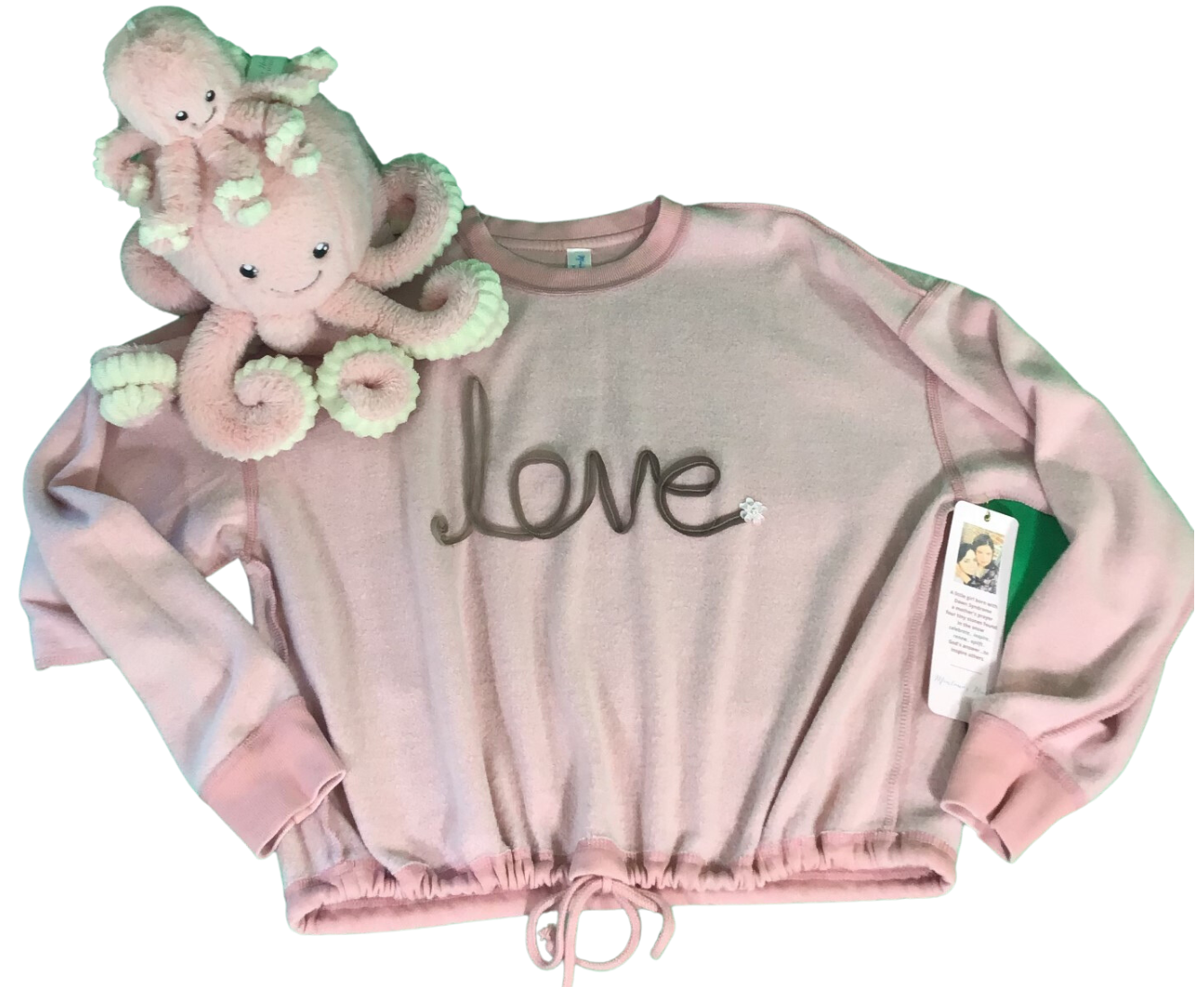 Montana's Heart pull over sweatshirt with drawstring with love ribbon