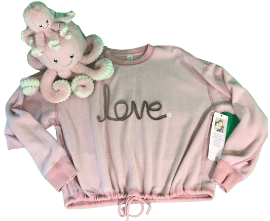 Montana's Heart pull over sweatshirt with drawstring with love ribbon